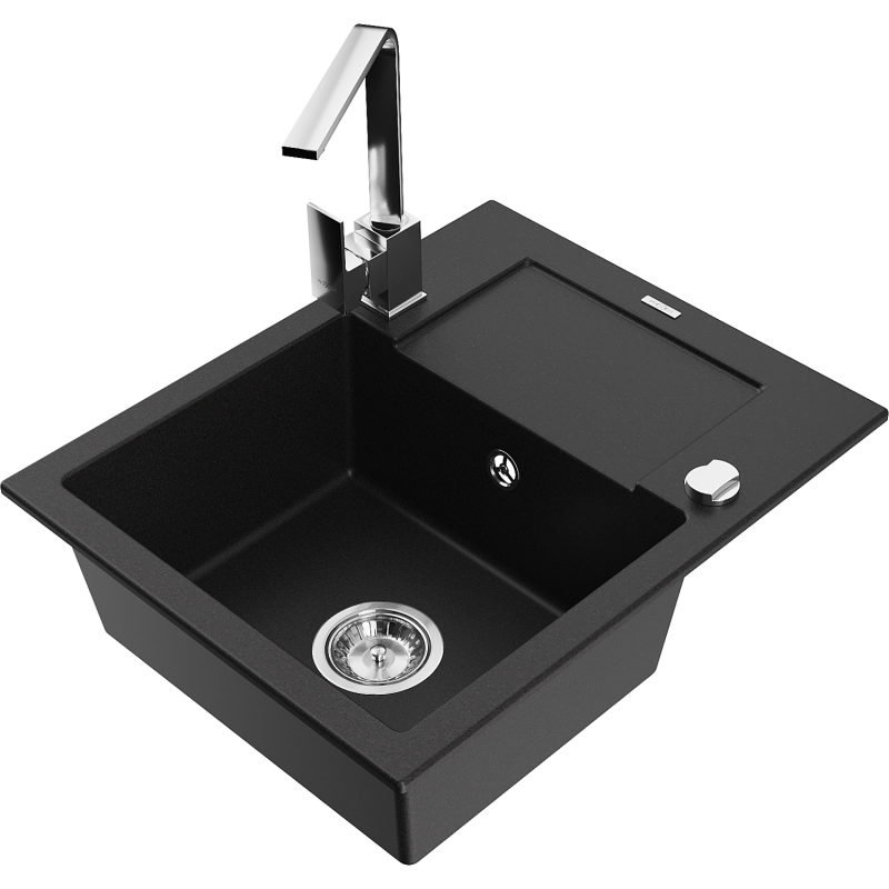 Mexen Enzo fregadero de granito de 1 cubeta con escurridor y grifo de cocina Rita, negro - 6506-77-670300-00