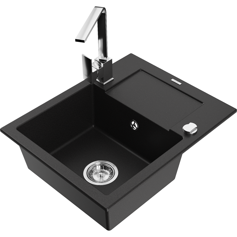 Mexen Enzo granite sink 1-bowl with drainer and Rita kitchen tap, black - 6506-77-670300-00