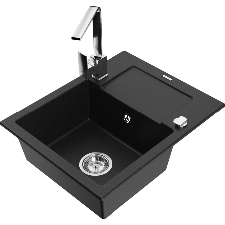 Mexen Enzo granite sink 1-bowl with drainer and Rita kitchen tap, black - 6506-77-670300-00