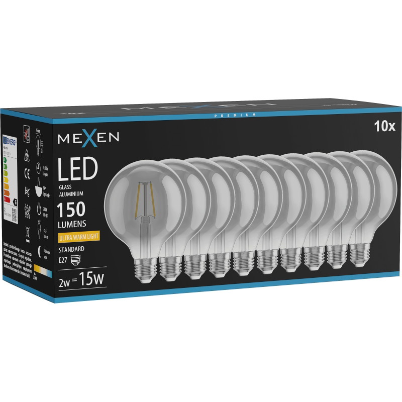Mexen Vintis 10x żarówka filament LED E27, G95, 2W, Ciepła - 2200K, 150 lm, smoke - L157-E27-0222-70x10