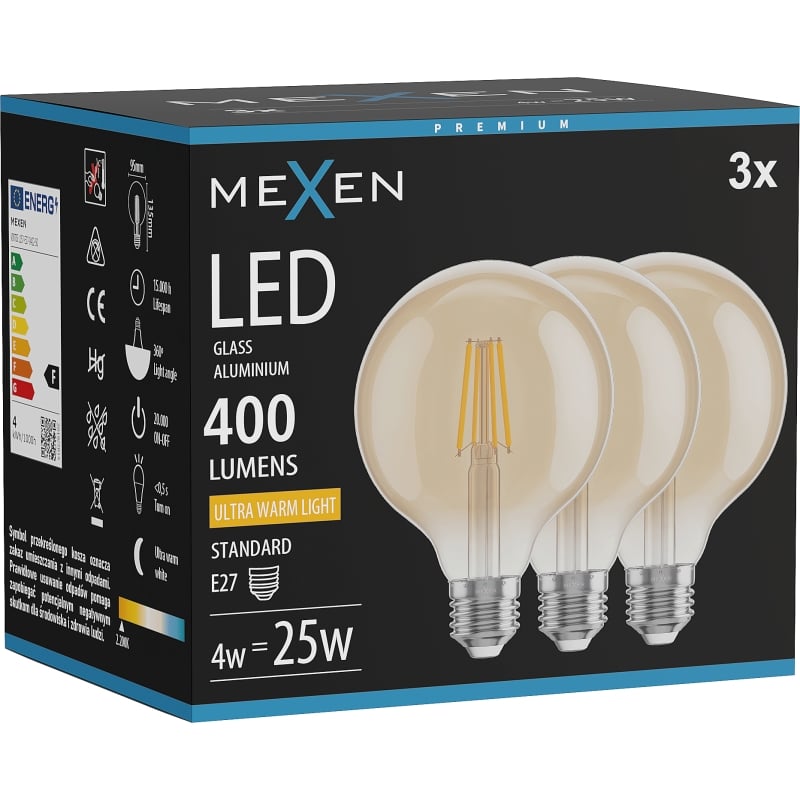 Mexen Vintis 3x LED-filamentlampa E27, G95, 4W, Varm - 2200K, 400 lm, bärnsten - L157-E27-0422-50x03