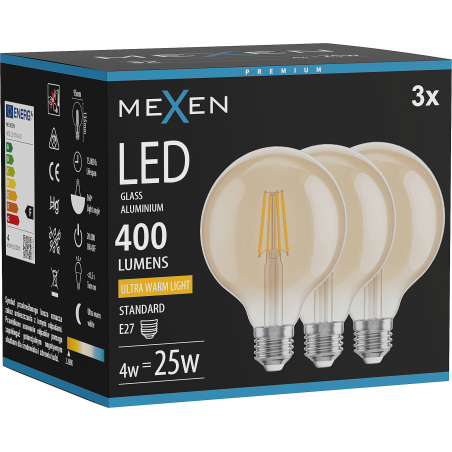 Mexen Vintis 3x LED filamentlamp E27, G95, 4W, Warm - 2200K, 400 lm, amber - L157-E27-0422-50x03