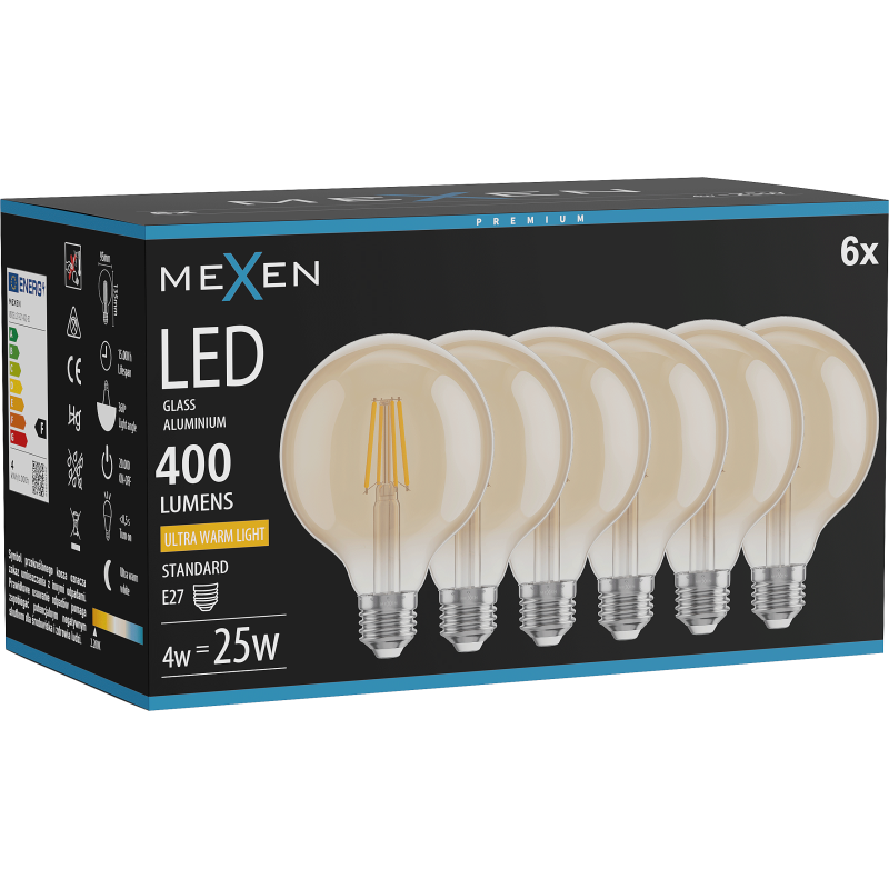 Mexen Vintis 6x LED E27 kvēldiega spuldze, G95, 4W, Silta gaisma - 2200K, 400 lm, dzintars - L157-E27-0422-50x06