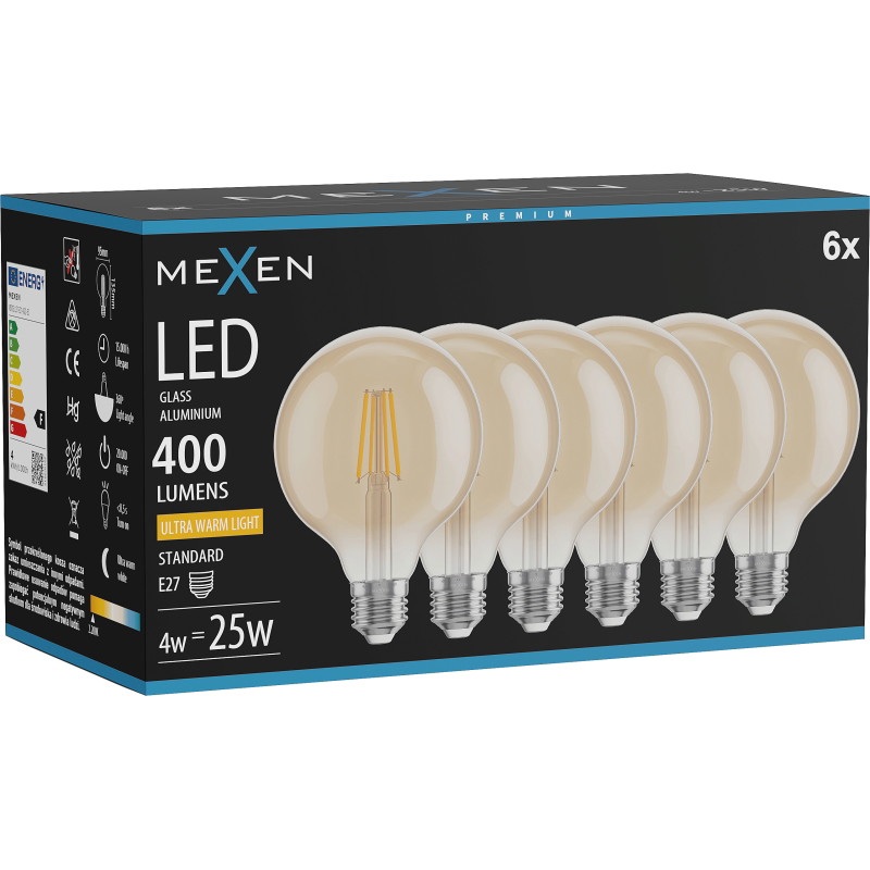 Mexen Vintis 6x LED-filamenttilamppu E27, G95, 4W, Lämmin - 2200K, 400 lm, meripihka - L157-E27-0422-50x06