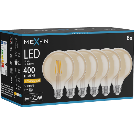 Mexen Vintis 6x LED E27 kvēldiega spuldze, G95, 4W, Silta gaisma - 2200K, 400 lm, dzintars - L157-E27-0422-50x06