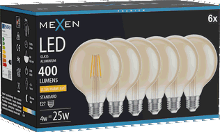 Mexen Vintis 6x LED E27 kvēldiega spuldze, G95, 4W, Silta gaisma - 2200K, 400 lm, dzintars - L157-E27-0422-50x06