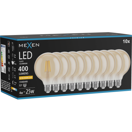 Mexen Vintis 10x LED filamenta spuldzes E27, G95, 4W, Silta - 2200K, 400 lm, dzintara - L157-E27-0422-50x10