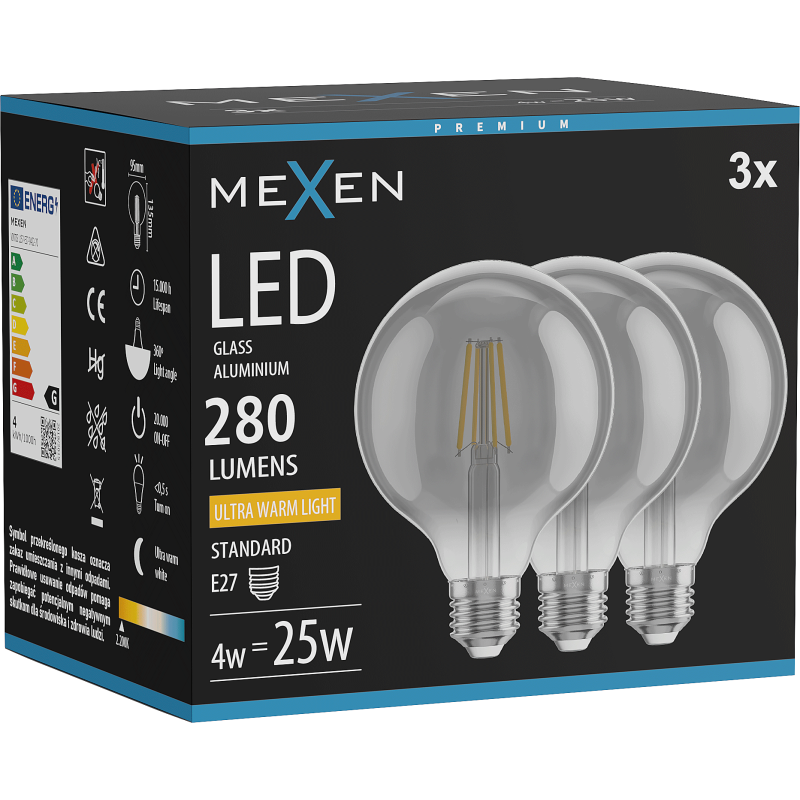 Mexen Vintis 3x Filamenta LED spuldze E27, G95, 4W, Silta gaisma - 2200K, 280 lm, dūmu tonis - L157-E27-0422-70x03