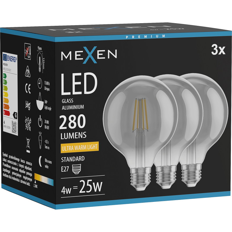 Mexen Vintis 3x LED filamentlamp E27, G95, 4W, Warm - 2200K, 280 lm, rook - L157-E27-0422-70x03