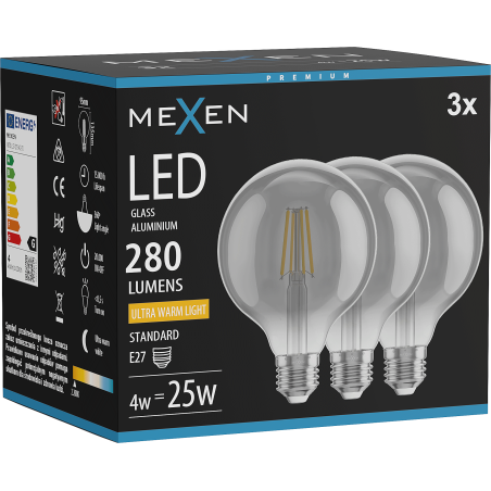 Mexen Vintis 3x LED filamentlampa E27, G95, 4W, Varm - 2200K, 280 lm, rökfärgad - L157-E27-0422-70x03