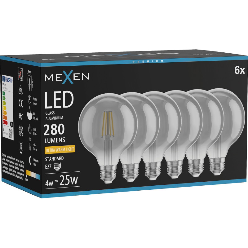 Mexen Vintis 6x LED-filamentlampa E27, G95, 4W, Varm - 2200K, 280 lm, rökfärgad - L157-E27-0422-70x06