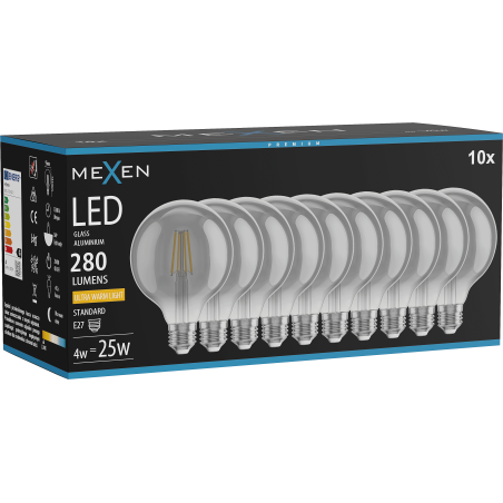 Mexen Vintis 10x lampadina a filamento LED E27, G95, 4W, Calda - 2200K, 280 lm, fumé - L157-E27-0422-70x10