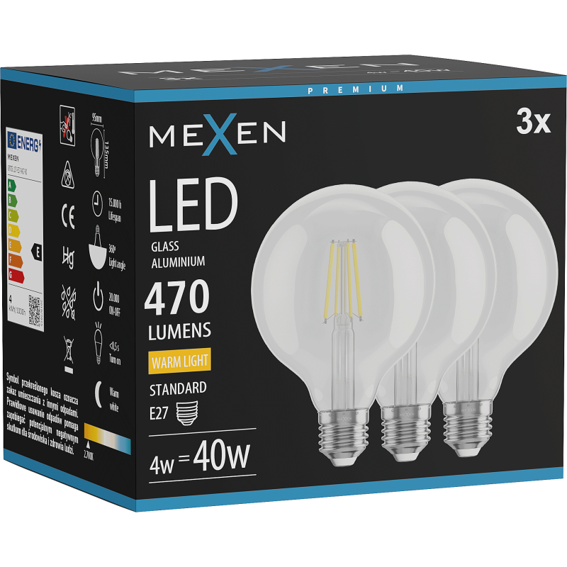 Mexen Vintis 3x LED-Filamentlampe E27, G95, 4W, Warm - 2700K, 470 lm, klar - L157-E27-0427-00x03