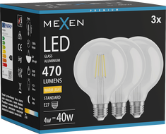 Mexen Vintis 3x LED filament žarnica E27, G95, 4W, Topla - 2700K, 470 lm, prozorna - L157-E27-0427-00x03