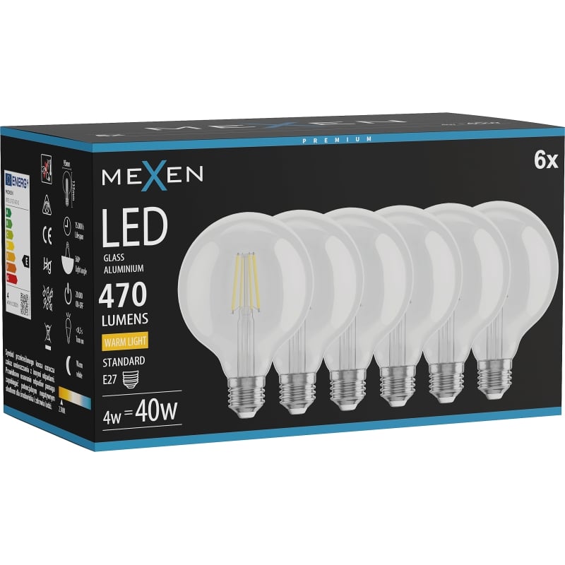 Mexen Vintis 6x Lampadina a filamento LED E27, G95, 4W, Calda - 2700K, 470 lm, chiara - L157-E27-0427-00x06