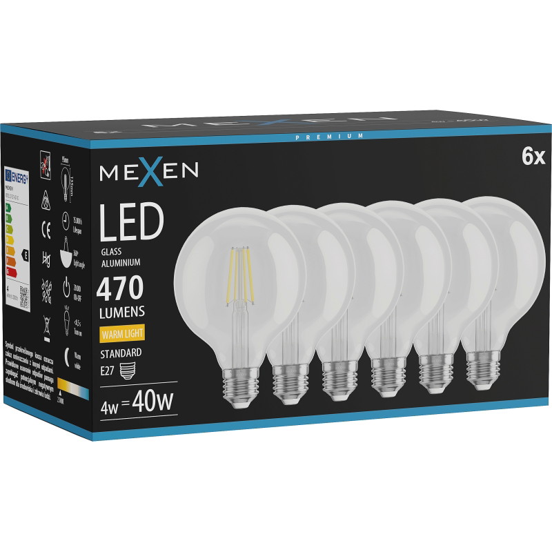 Mexen Vintis 6x LED filamentlamp E27, G95, 4W, Warm - 2700K, 470 lm, helder - L157-E27-0427-00x06