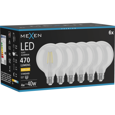 Mexen Vintis 6x Bombilla LED de filamento E27, G95, 4W, Cálida - 2700K, 470 lm, transparente - L157-E27-0427-00x06