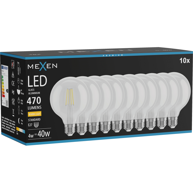 Mexen Vintis 10x LED kvēlspuldze E27, G95, 4W, Silta - 2700K, 470 lm, caurspīdīga - L157-E27-0427-00x10