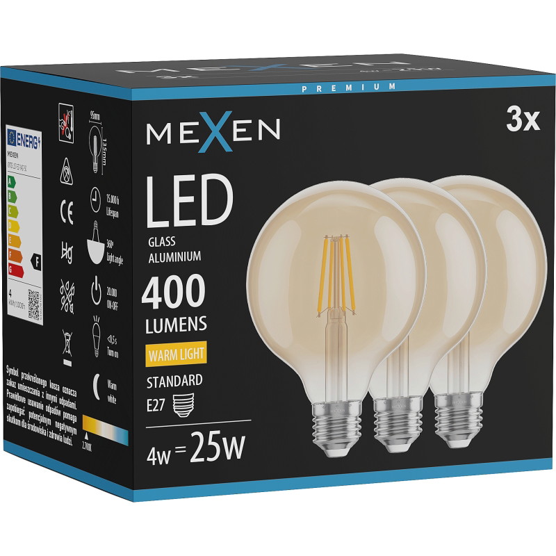 Mexen Vintis 3x LED-filamenttilamppu E27, G95, 4W, Lämmin - 2700K, 400 lm, amber - L157-E27-0427-50x03