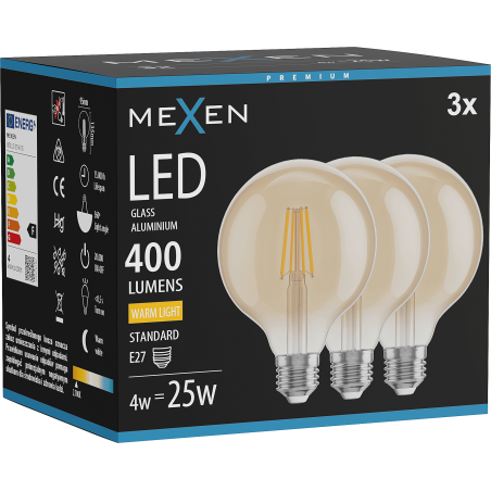 Mexen Vintis 3x Λαμπτήρας νήματος LED E27, G95, 4W, Θερμό - 2700K, 400 lm, κεχριμπαρένιος