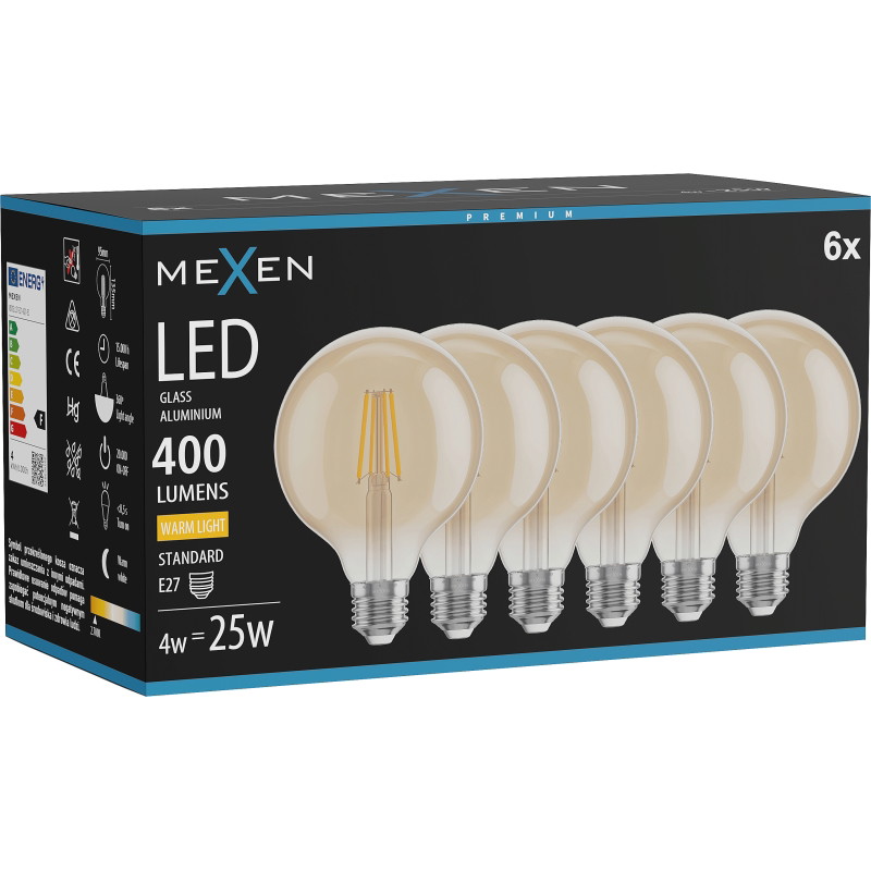 Mexen Vintis 6x Bombilla LED de filamento E27, G95, 4W, Cálida - 2700K, 400 lm, ámbar - L157-E27-0427-50x06