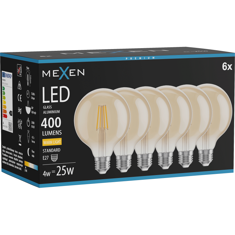 Mexen Vintis 6x LED filamenta spuldze E27, G95, 4W, Silta - 2700K, 400 lm, dzintara - L157-E27-0427-50x06