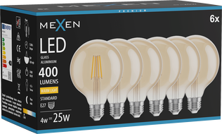 Mexen Vintis 6x Filament LED pirn E27, G95, 4W, Soe - 2700K, 400 lm, merevaik - L157-E27-0427-50x06