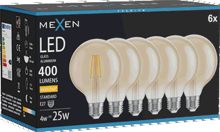 Mexen Vintis 6x LED filamenta spuldze E27, G95, 4W, Silta - 2700K, 400 lm, dzintara - L157-E27-0427-50x06