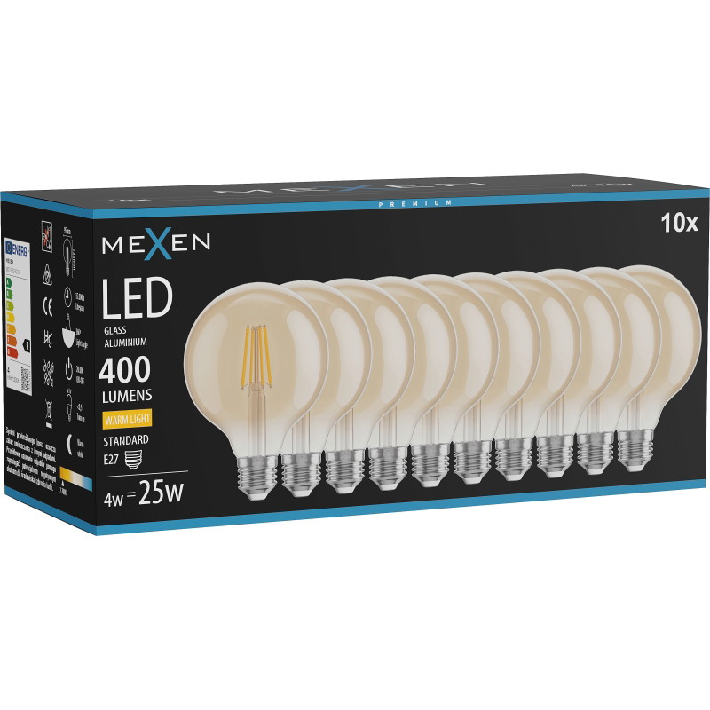 Mexen Vintis 10x Bombilla LED de filamento E27, G95, 4W, Cálida - 2700K, 400 lm, ámbar - L157-E27-0427-50x10