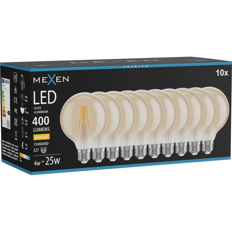 Mexen Vintis 10x żarówka filament LED E27, G95, 4W, Ciepła - 2700K, 400 lm, amber - L157-E27-0427-50x10