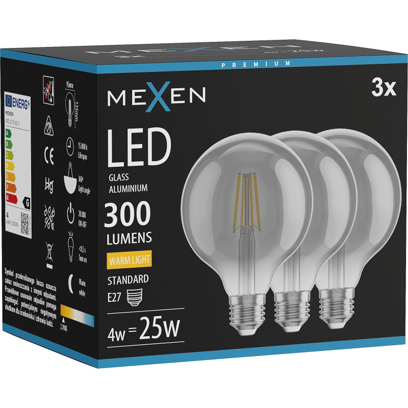 Mexen Vintis 3x LED-filamenttilamppu E27, G95, 4W, Lämmin - 2700K, 300 lm, savu - L157-E27-0427-70x03