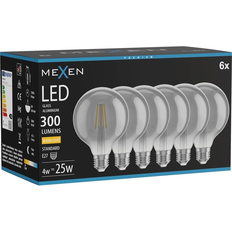 Mexen Vintis 6x Lampadina a filamento LED E27, G95, 4W, Calda - 2700K, 300 lm, fumo - L157-E27-0427-70x06