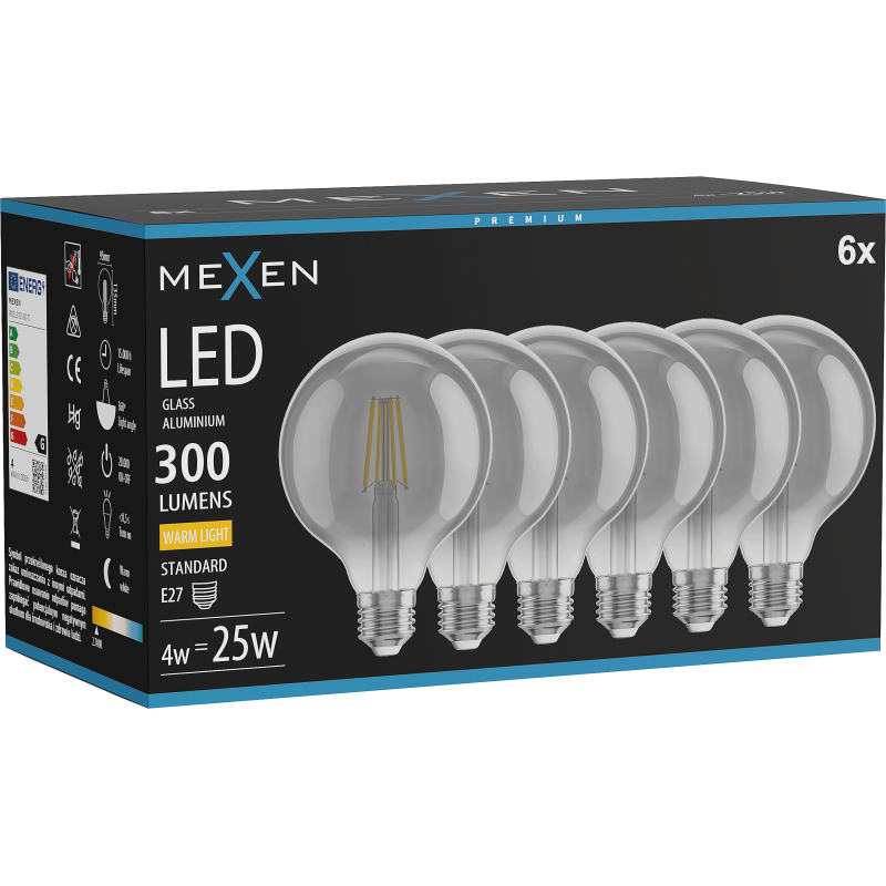 Mexen Vintis 6x LED spuldze ar kvēldiegu E27, G95, 4W, Silts - 2700K, 300 lm, dūmu - L157-E27-0427-70x06