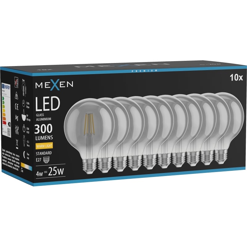 Mexen Vintis 10x lampadina a filamento LED E27, G95, 4W, Calda - 2700K, 300 lm, smoke - L157-E27-0427-70x10