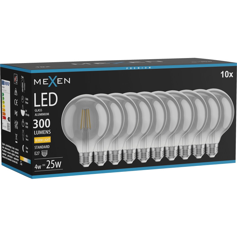 Mexen Vintis 10x LED-hehkulanka E27, G95, 4W, Lämmin - 2700K, 300 lm, savunharmaa - L157-E27-0427-70x10