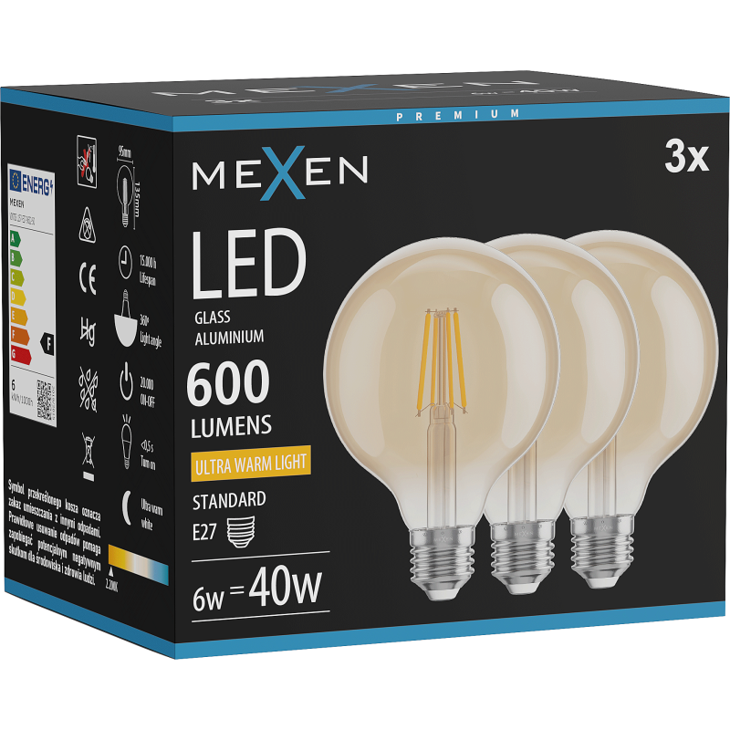Mexen Vintis 3x LED diegu spuldze E27, G95, 6W, Silts - 2200K, 600 lm, dzintara - L157-E27-0622-50x03