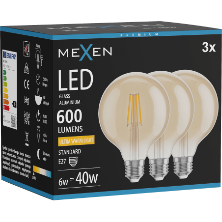 Mexen Vintis 3x LED-Filament-Glühbirne E27, G95, 6W, Warm - 2200K, 600 lm, bernsteinfarben - L157-E27-0622-50x03