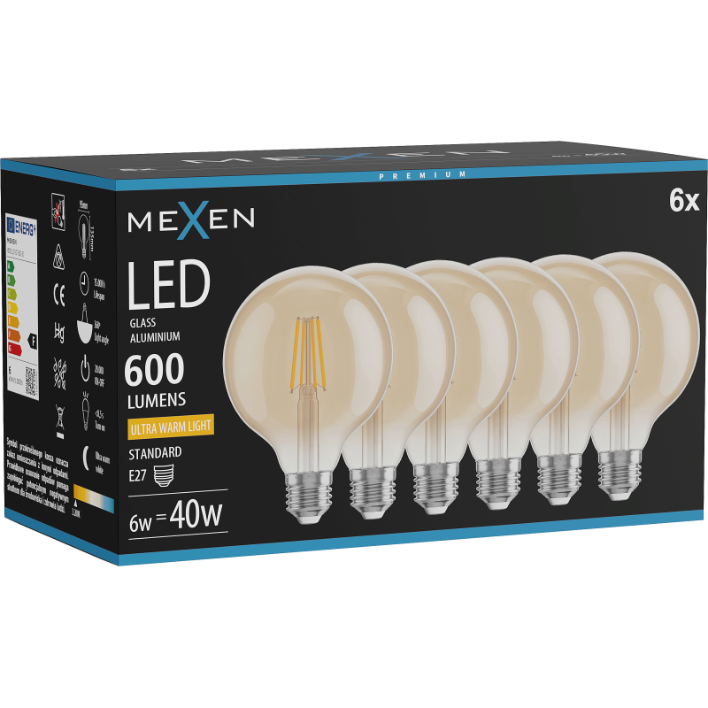Mexen Vintis 6x LED filament žarnica E27, G95, 6W, Topla - 2200K, 600 lm, jantar - L157-E27-0622-50x06