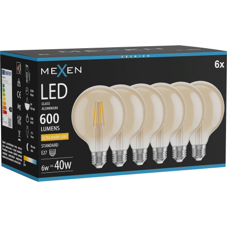 Mexen Vintis 6x Λαμπτήρας νήματος LED E27, G95, 6W, Θερμός - 2200K, 600 lm, κεχριμπάρι