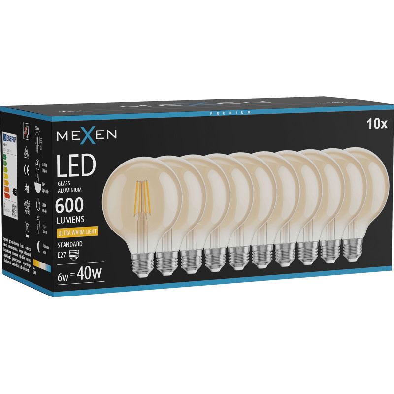 Mexen Vintis 10x filamentti LED-lamppu E27, G95, 6W, Lämmin - 2200K, 600 lm, amber - L157-E27-0622-50x10