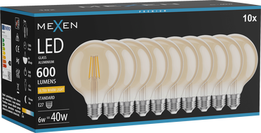 Mexen Vintis 10x LED hõõgniitpirn E27, G95, 6W, soe - 2200K, 600 lm, merevaik - L157-E27-0622-50x10