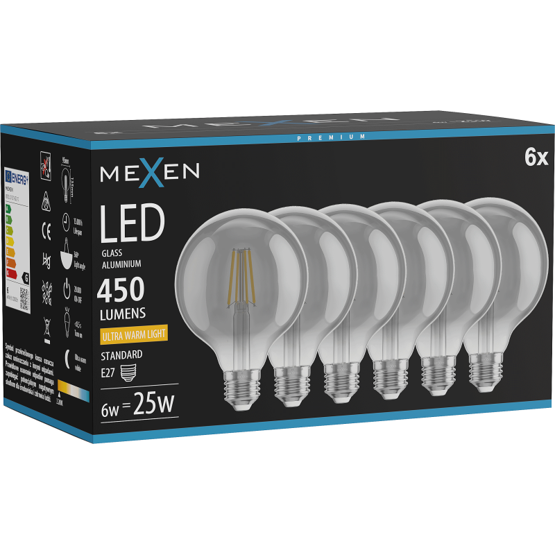 Mexen Vintis 6x LED nitna žarnica E27, G95, 6W, Topla - 2200K, 450 lm, dimljena - L157-E27-0622-70x06