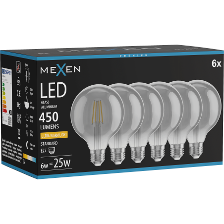 Mexen Vintis 6x Λάμπα LED νήμα E27, G95, 6W, Θερμό - 2200K, 450 lm, καπνιστή - L157-E27-0622-70x06