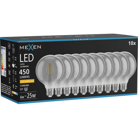 Mexen Vintis 10x Filament LED Glühbir kloer E27, G95, 6W, Warm - 2200K, 450 lm, smoke - L157-E27-0622-70x10