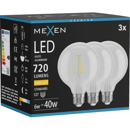 Mexen Vintis 3x Filament LED Gloeilamp E27, G95, 6W, Warm - 2700K, 720 lm, helder - L157-E27-0627-00x03