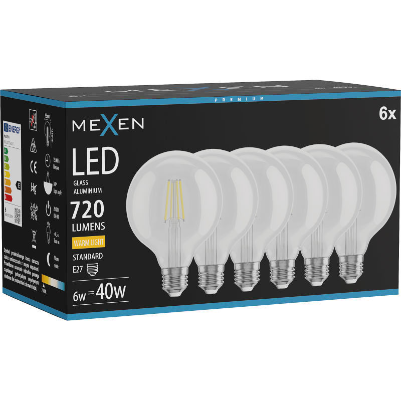Mexen Vintis 6x Ampoule filament LED E27, G95, 6W, Chaude - 2700K, 720 lm, transparent - L157-E27-0627-00x06