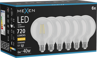 Mexen Vintis 6x LED E27 hõõgniidiga lamp, G95, 6W, Soe - 2700K, 720 lm, läbipaistev - L157-E27-0627-00x06