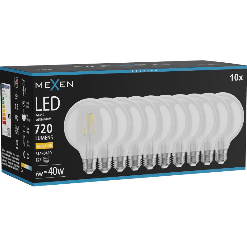 Mexen Vintis 10x LED-filamentlampa E27, G95, 6W, Varm - 2700K, 720 lm, klar - L157-E27-0627-00x10