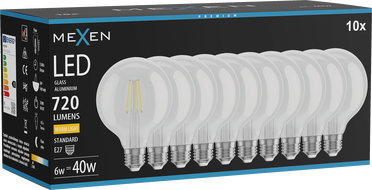 Mexen Vintis 10x LED filament žarnica E27, G95, 6W, Topla - 2700K, 720 lm, prozorna - L157-E27-0627-00x10