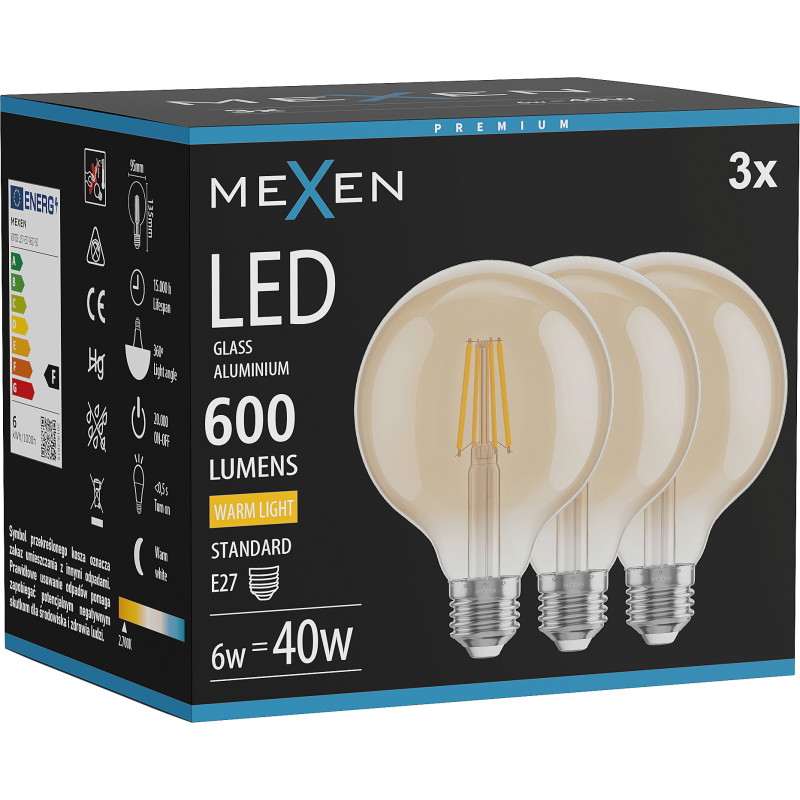 Mexen Vintis 3x lampadina a filament LED E27, G95, 6W, Calda - 2700K, 600 lm, ambra - L157-E27-0627-50x03